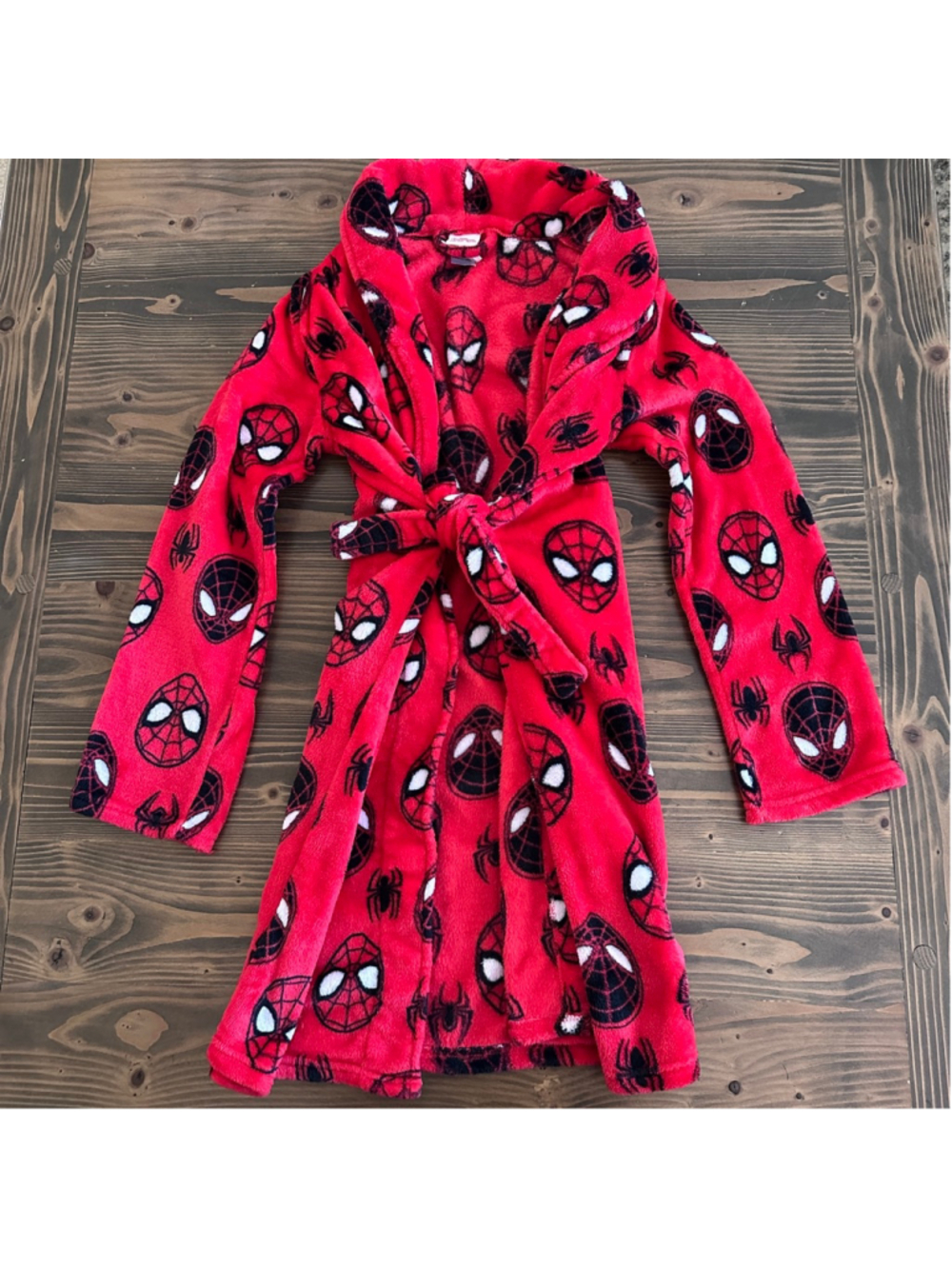 Marvel Spider Man Robe Boys L 12 14 Red Plush Hooded Tie Belt